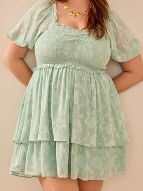 ARULA Pastel Mint Puff-Sleeve Tiered Smocked Dress *MINT CONDITION*